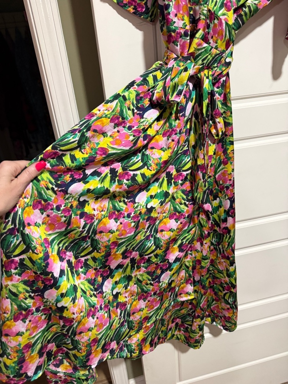 ASOS Floral Midi Wrap Dress in Pink, Green & Yellow liquorish satin - Picture 4 of 5